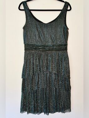 MAGGIE LONDON Shimmer Tiered Ruffle Cocktail Dress Teal Gold Size 10 EUC